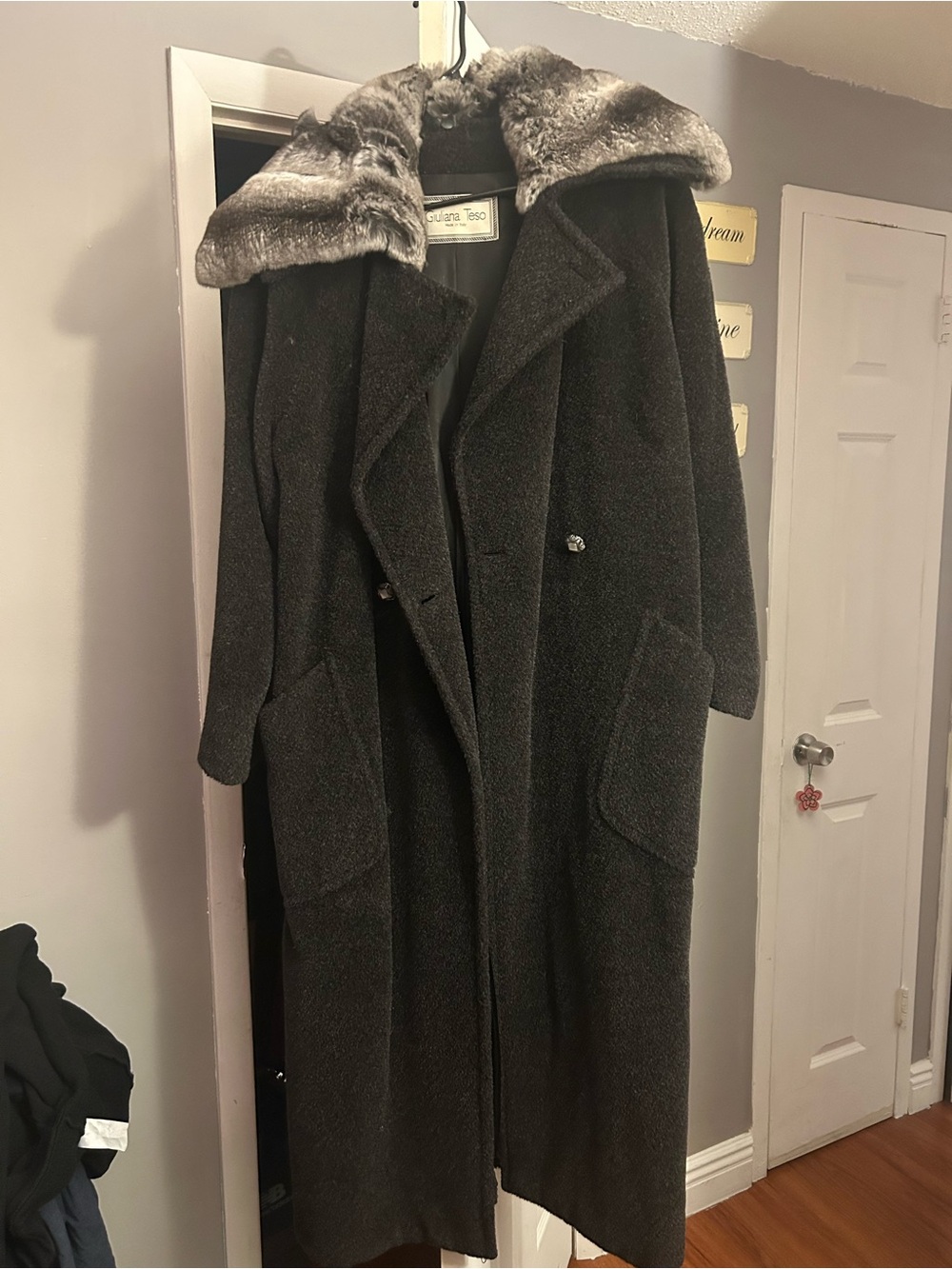 G by Giuliana Long Black Coat with Faux Fur Trim